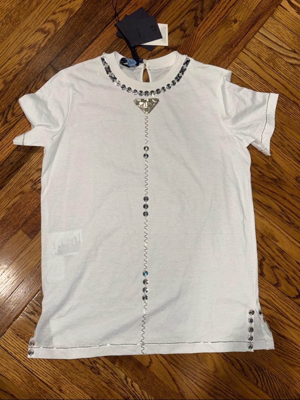 Authentic Prada triangle logo White Tee shirt Silver Crystal embellished small